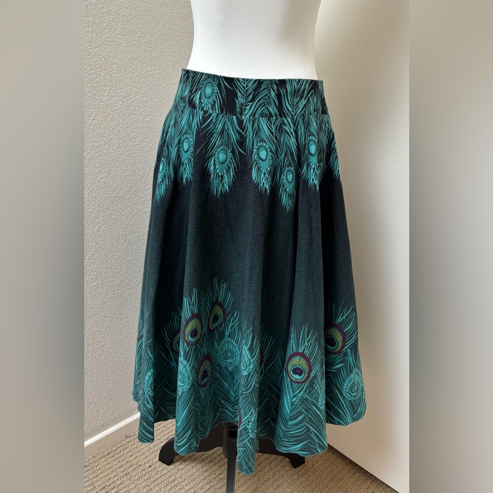 H&M peacock feather flare midi skirt size 6 turquoise green bohemian boho hippie - Picture 5 of 14